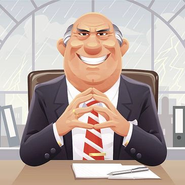 Confident businessman smiling with hands clasped at desk in office.