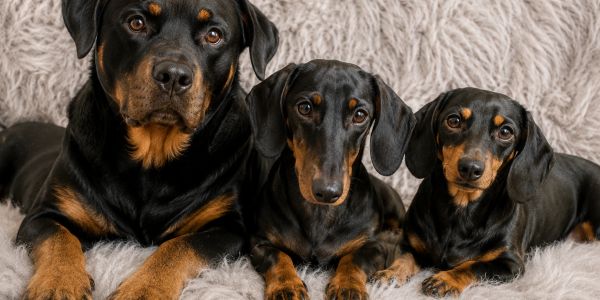 Three black and tan dogs sitting on a fluffy gray surface.