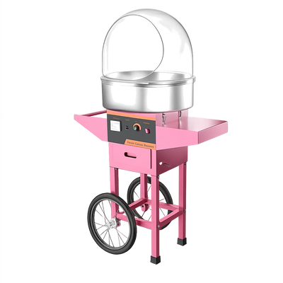 Pink cotton candy machine with wheels and a shiny dome.