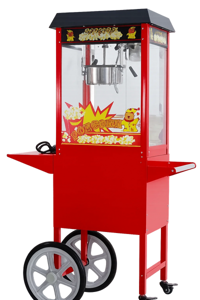 Classic red popcorn machine with wheels and vintage design.