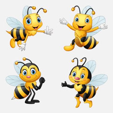 Four cheerful cartoon bees with different poses and expressions.