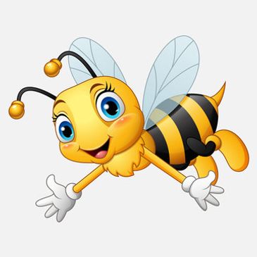 Cheerful cartoon bee with big blue eyes flying happily.
