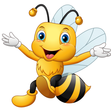 Happy cartoon bee with open arms and big blue eyes.