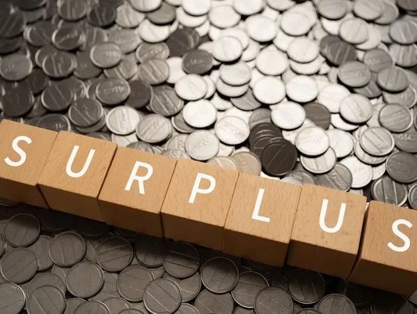 Wooden blocks spelling 'SURPLUS' on a pile of coins.
