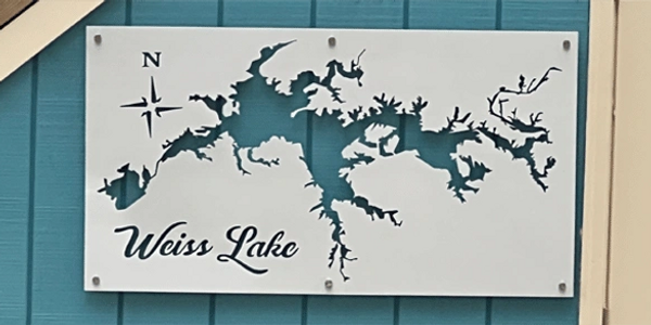 Custom Lake Map mounted to the wall of Weiss Lake.