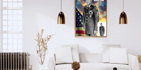 Modern living room with a patriotic military tribute portrait on the wall.