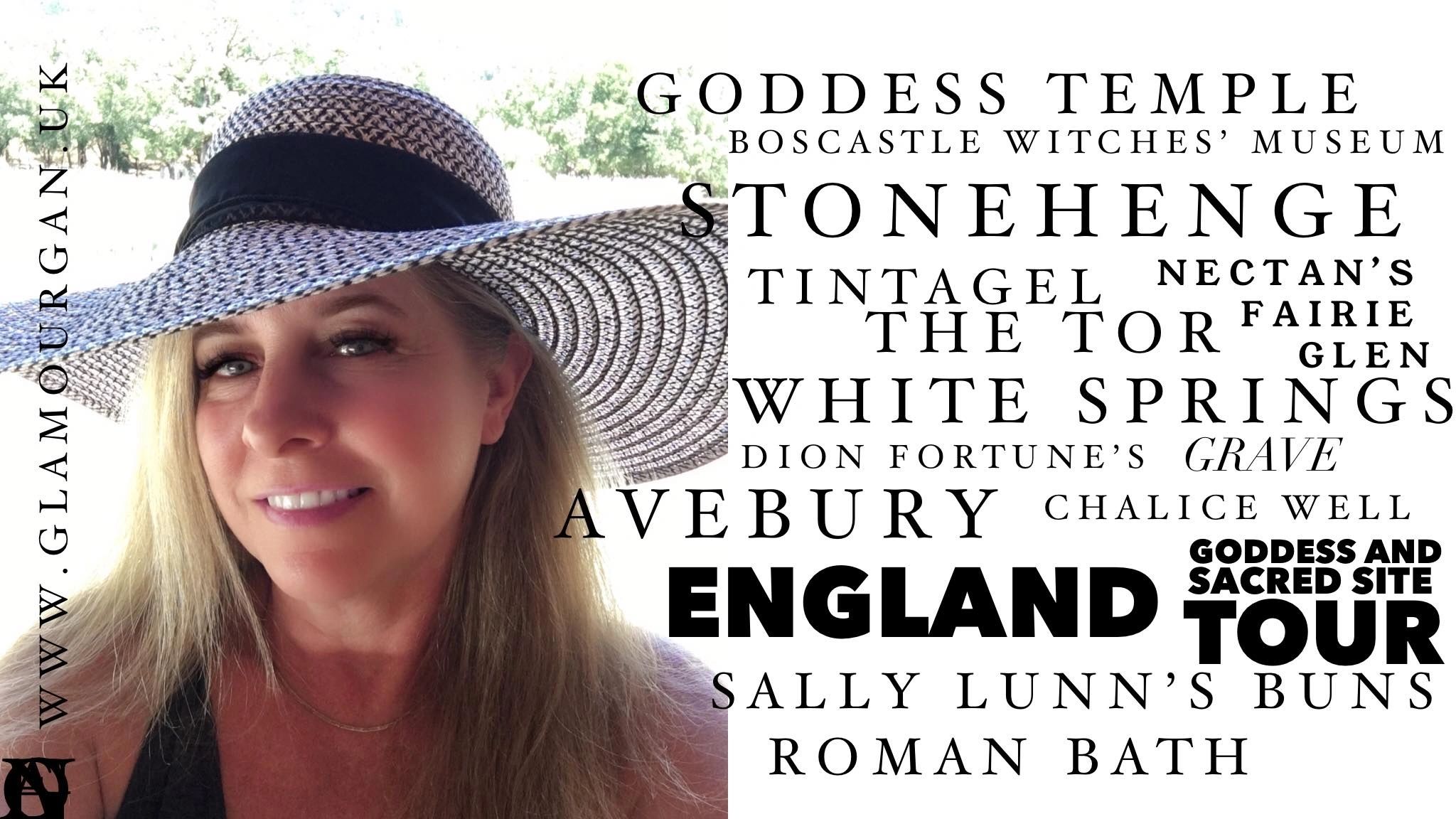 Woman with a large sunhat promoting an England sacred site tour.