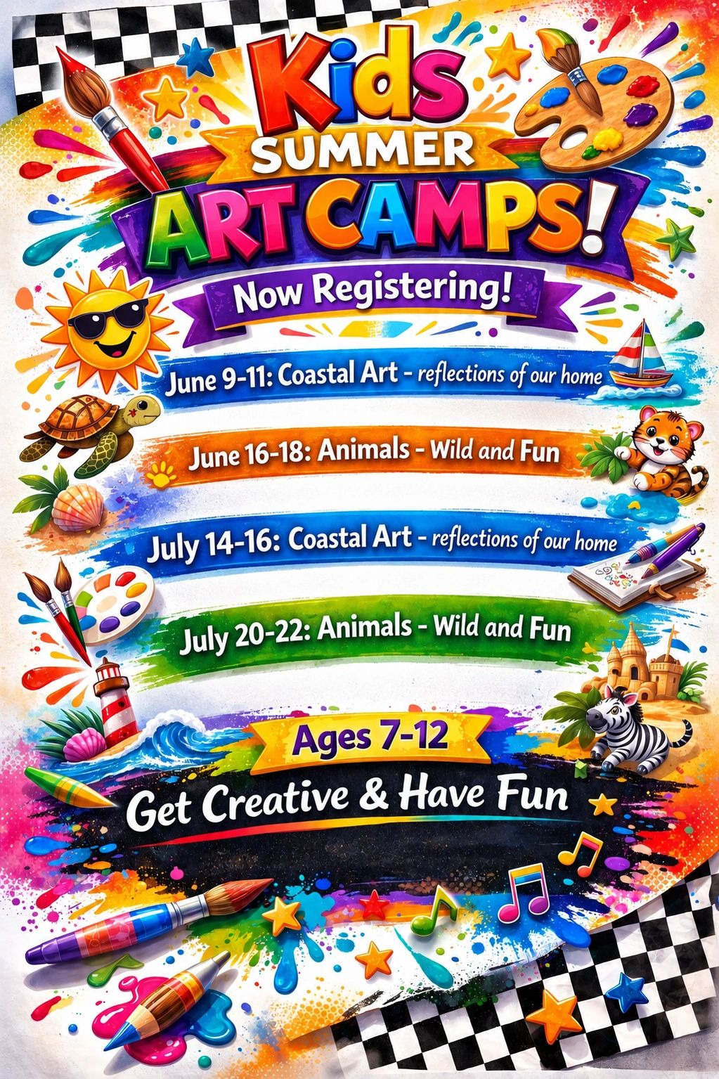 Colorful flyer for kids' summer art camps featuring coastal art and animal themes.