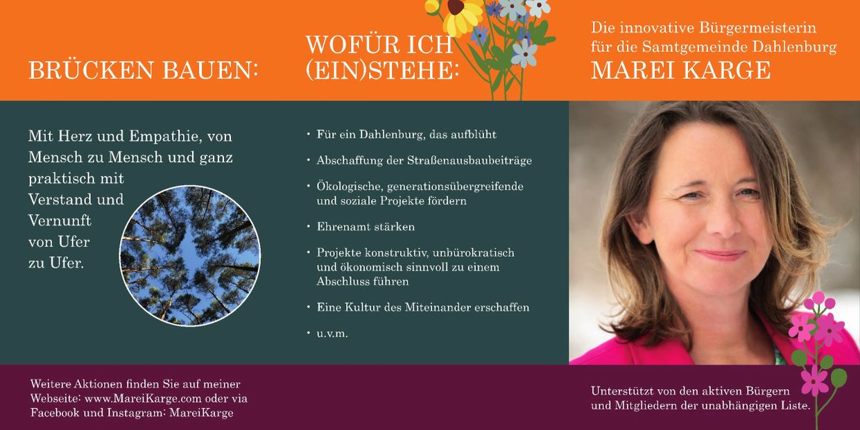 Wahlplakat der Bürgermeisterin Marei Karge für Dahlenburg mit Zielen und Werten.