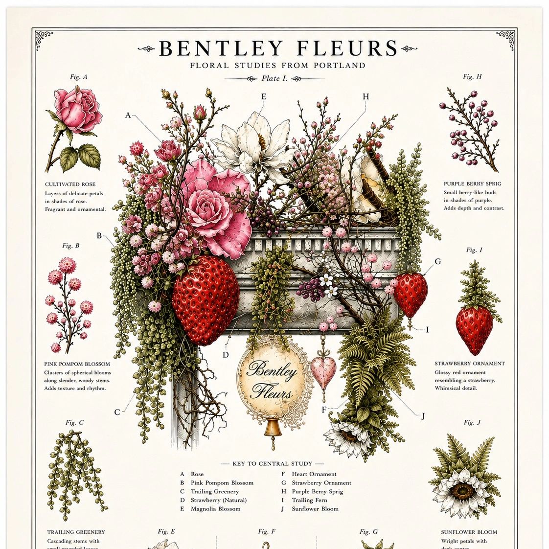 Illustrated floral study with strawberries and blossoms.
