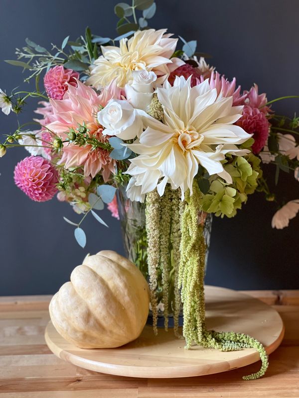 dahlia and white pumpkin