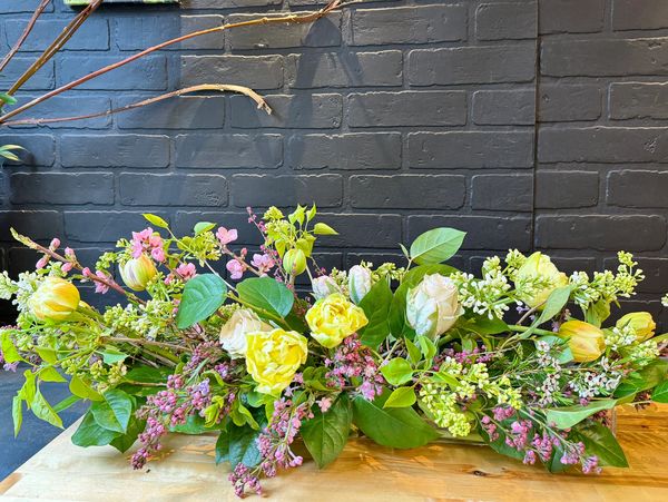 2 1/2 foot long Spring floral table runner, tulips, roses, lilacs and cherry blossom