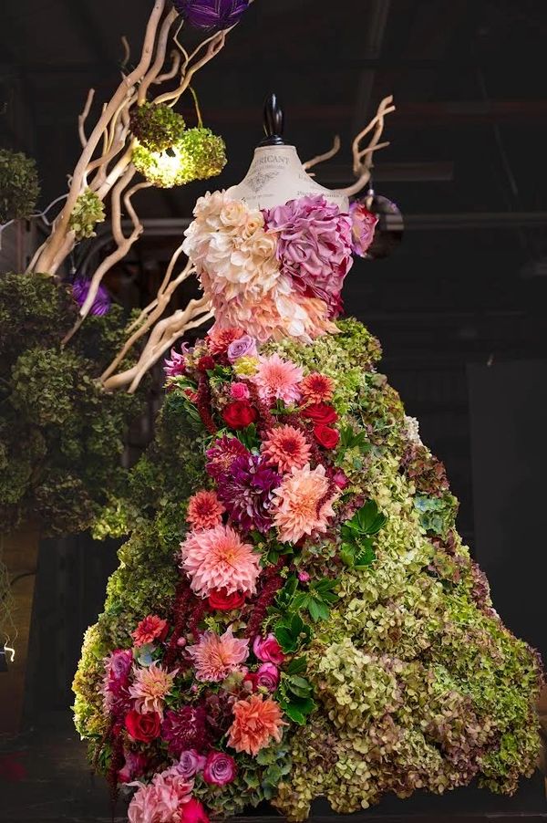 flower dress, Floral Ballgown, floral installation