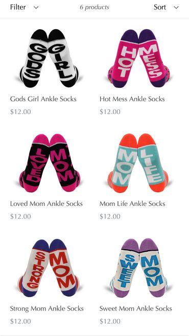 lots of socks with words on them, Gods Girl, Hot mess, Loved Mom, Mom Life, strong mom, sweet mom