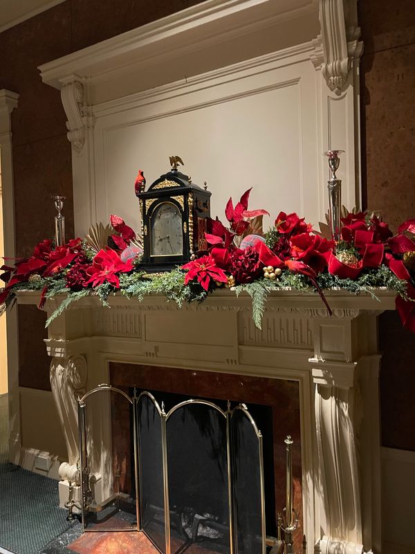 christmas decorated mantel at private club