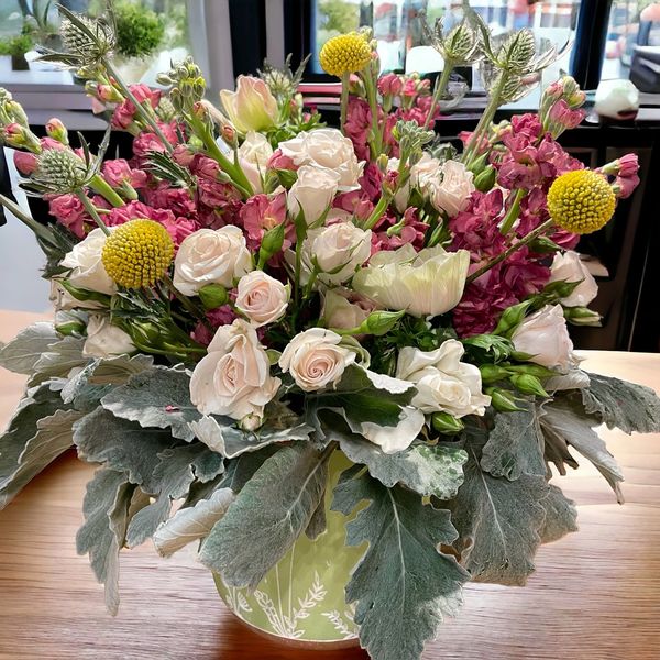 fresh flowers, lambs ear, garden roses, red stock, crespedia, thistles