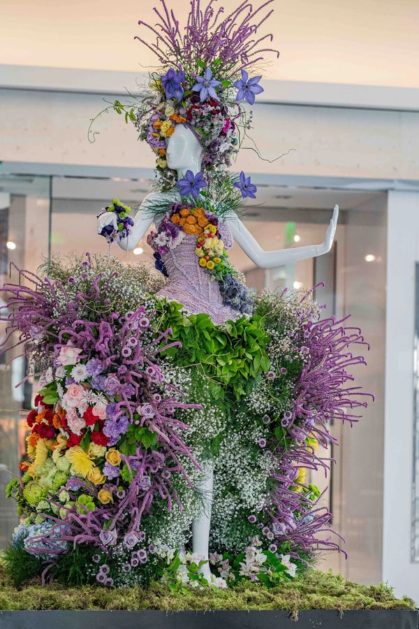 Floral dress, floral headpiece, floral mannequin