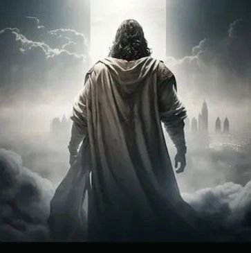 A cloaked figure stands in a mystical light above clouds, overlooking a city.