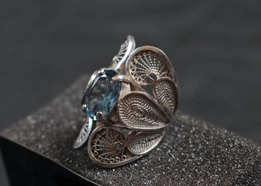 Sterling Silver Filigree design ring with acquamarine. 