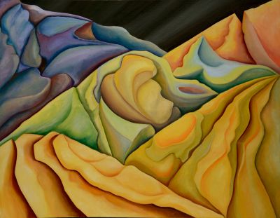 Abstract landscape painting with vibrant hills and valleys.