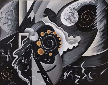Abstract painting with faces and spirals in black and white.
