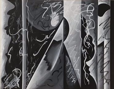 Abstract monochrome painting with geometric shapes and lines.