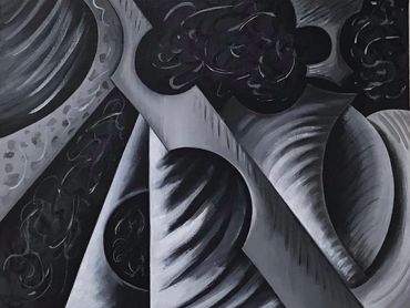 Abstract black and white painting with swirling patterns.