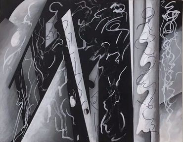 Abstract black and white painting with swirling lines.