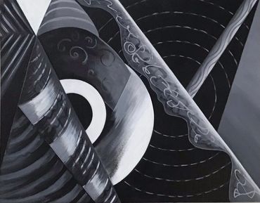 Abstract black and white geometric shapes with circular patterns.
