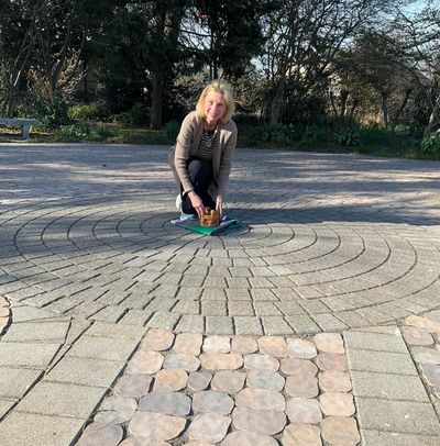 Labyrinth Walks Guide, Barbara Fitzpatrick at the renewed labyrinth in 2024