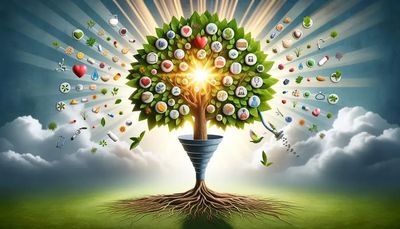 A glowing tree with health and wellness icons on its branches under a radiant sky.