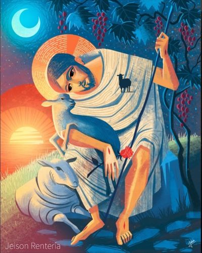 A shepherd holding a lamb with a sheep nearby under sun and moon.