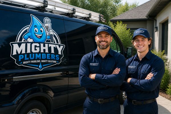 Two plumbers in uniform standing next to a Mighty Plumbers van.