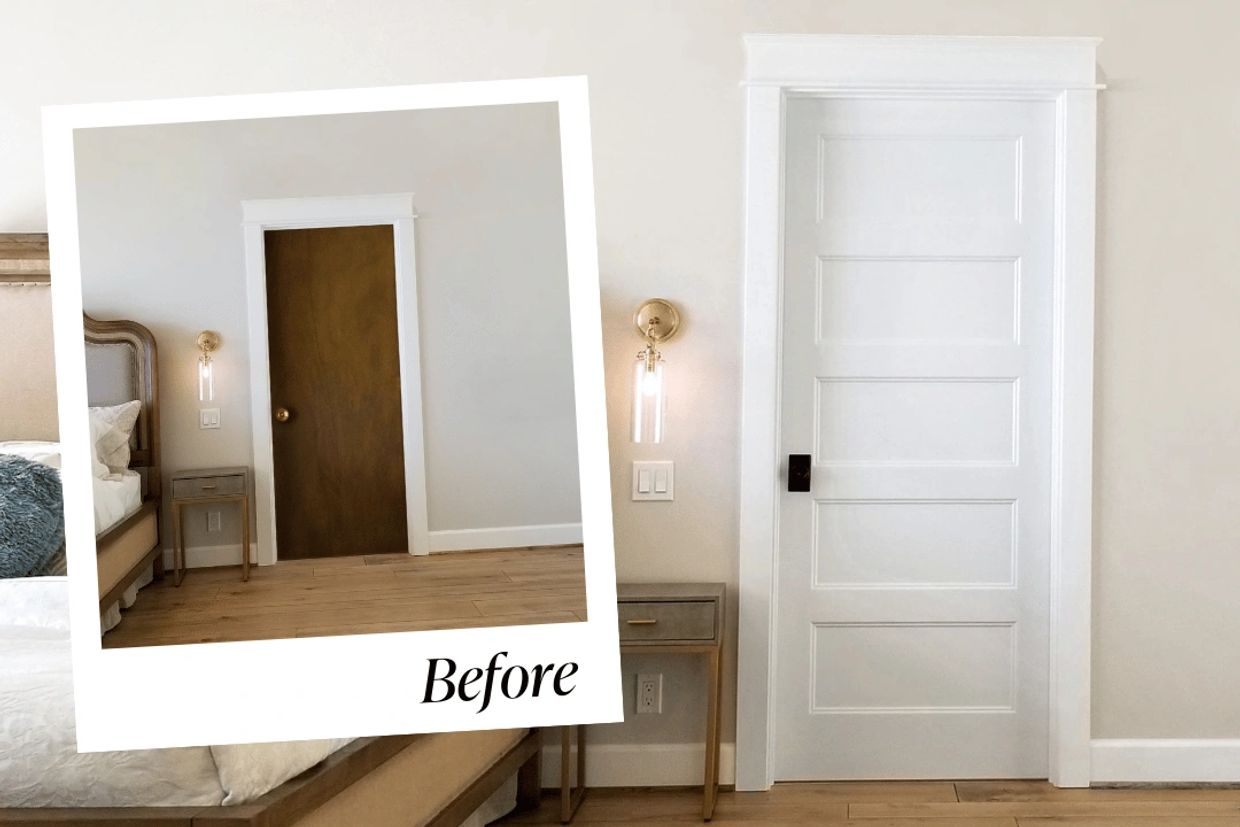 Before and after. Brown door replaced with white updated door