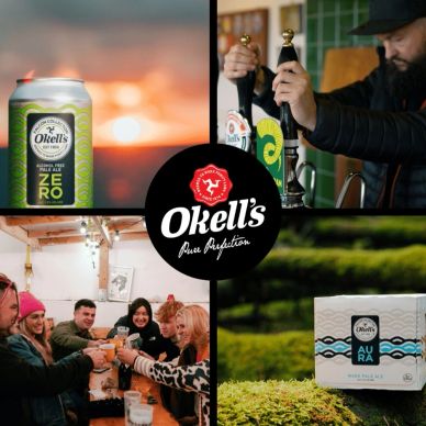 Collage showcasing Okell's beer can, tap, social gathering, and packaging in natural settings.