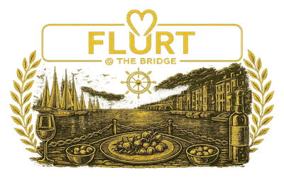 Elegant logo for Flurt at the Bridge with a vintage harbor scene.