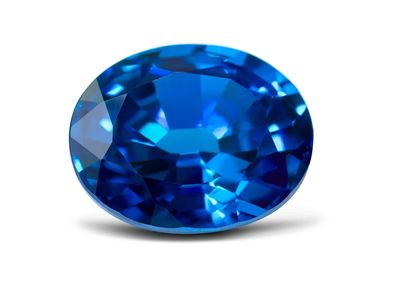 A sparkling blue sapphire gemstone with an oval cut.