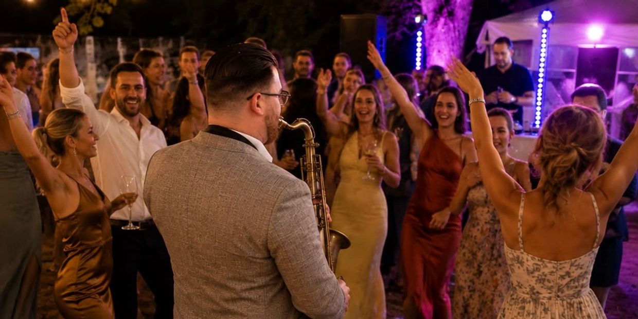Saxophone player entertaining lively party crowd.