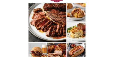 Delicious variety of Omaha Steaks featuring grilled steak, hot dogs, pork, and sides.