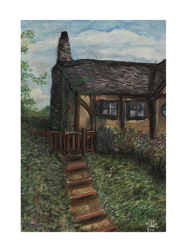 A cottage surrounded by plants.