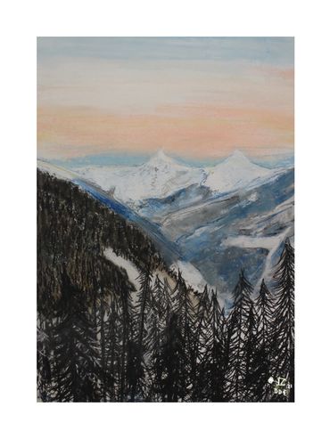 "Mountain Sunset" by Bryan Exley. Trees in the foreground, mountains in the distance. sunset. 