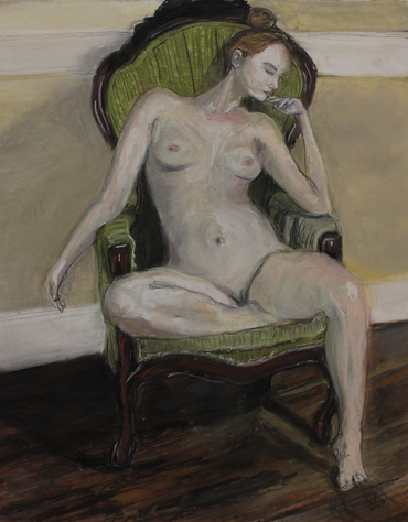A nude figure in a chair sits casually.