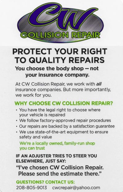 Protect your rights to quality repairs poster, don't let anyone tell you who to fix your vehicle.