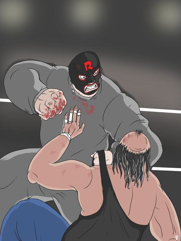 The masked Ruinator rains down punches on pro wrestler Killer Ace Black