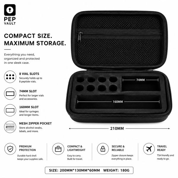 Compact storage case with 8 vial slots and mesh zipper pocket.