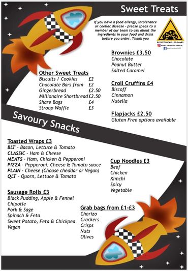 Menu of sweet treats and savoury snacks with rocket illustrations.