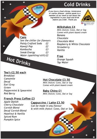 Menu displaying cold drinks and hot drinks with prices and options.
