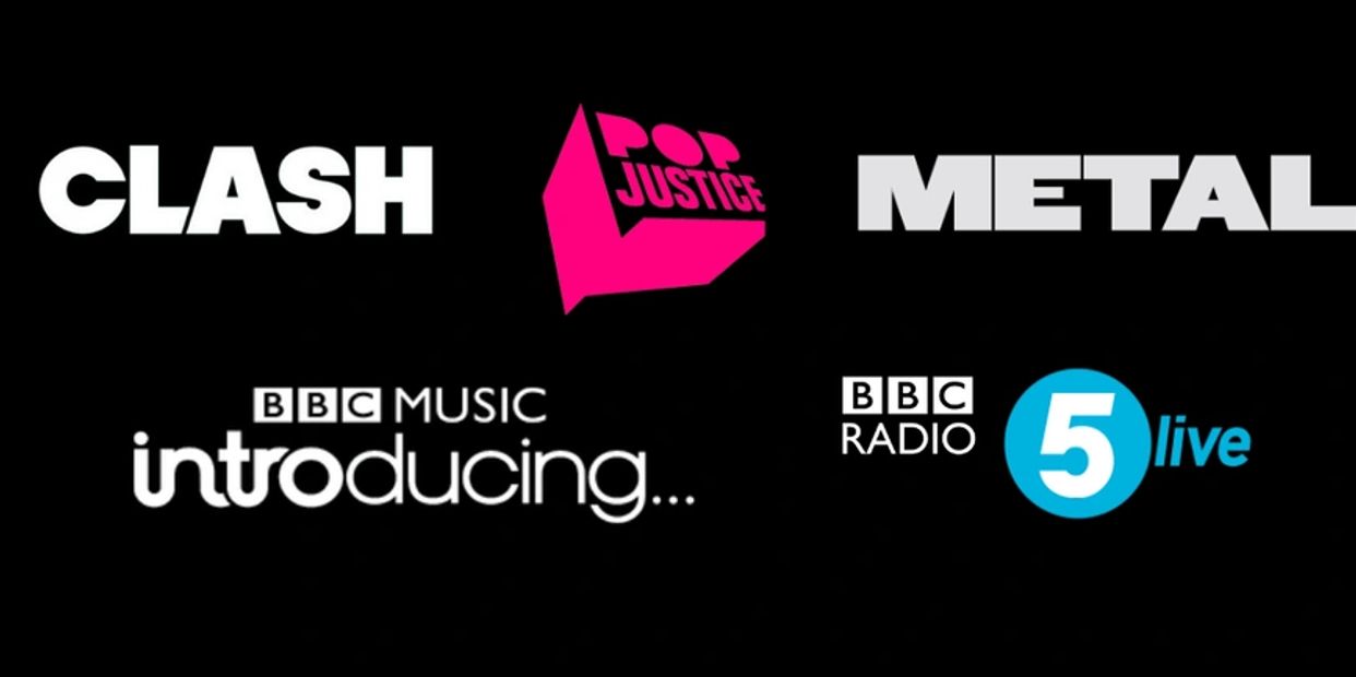 Logos of Clash, Pop Justice, Metal, BBC Music Introducing, and BBC Radio 5 Live on a black background.