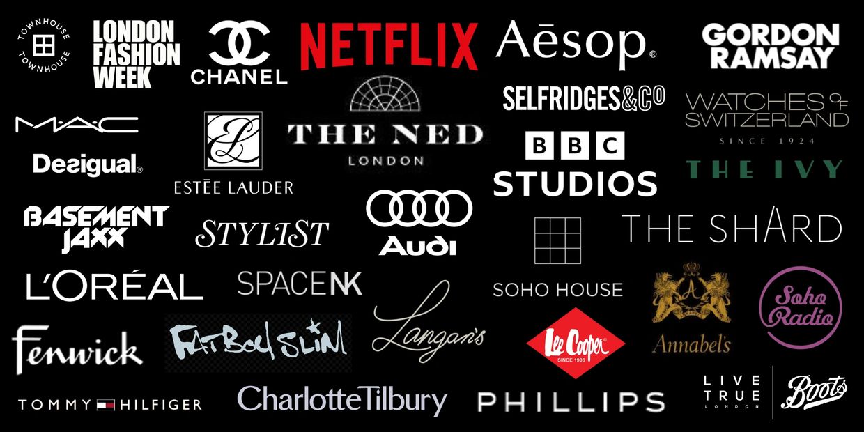 A collage of famous brand logos including Netflix, Chanel, and Audi on a black background.