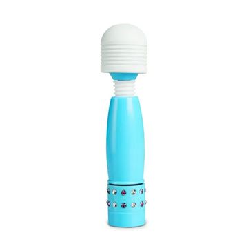 Blue handheld massager with a white rounded head and decorative rhinestones.